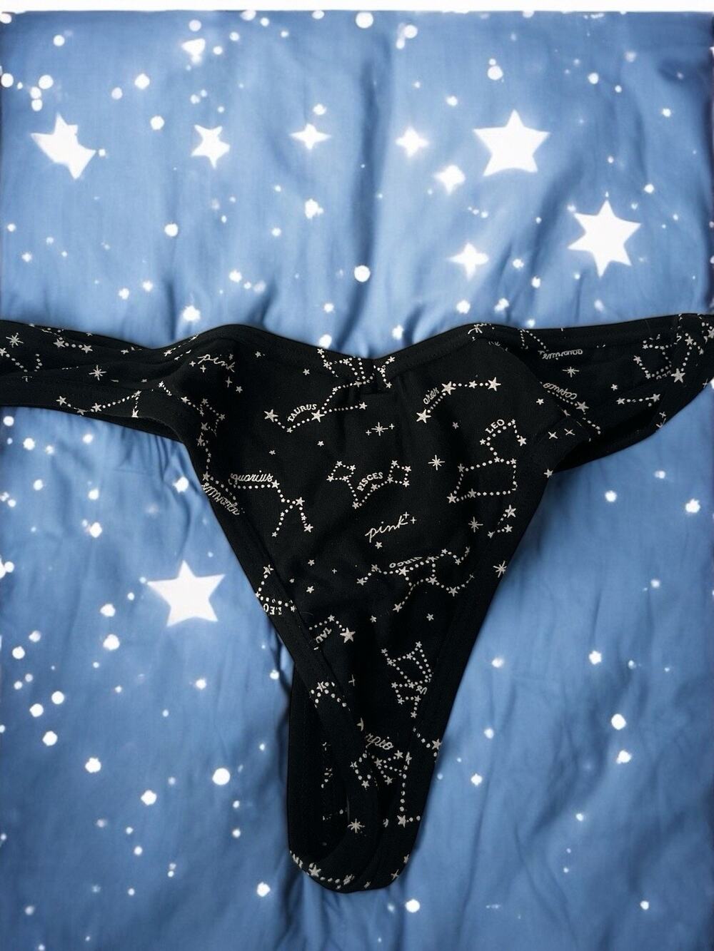 PINK Victoria’s Secret Constellation Stars Black Cotton Thong Panty Zodiac Sz M